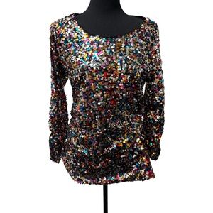 Rockin C Multicolor Sequin Party Top Long Sleeve Disco Festival Glam Shirt